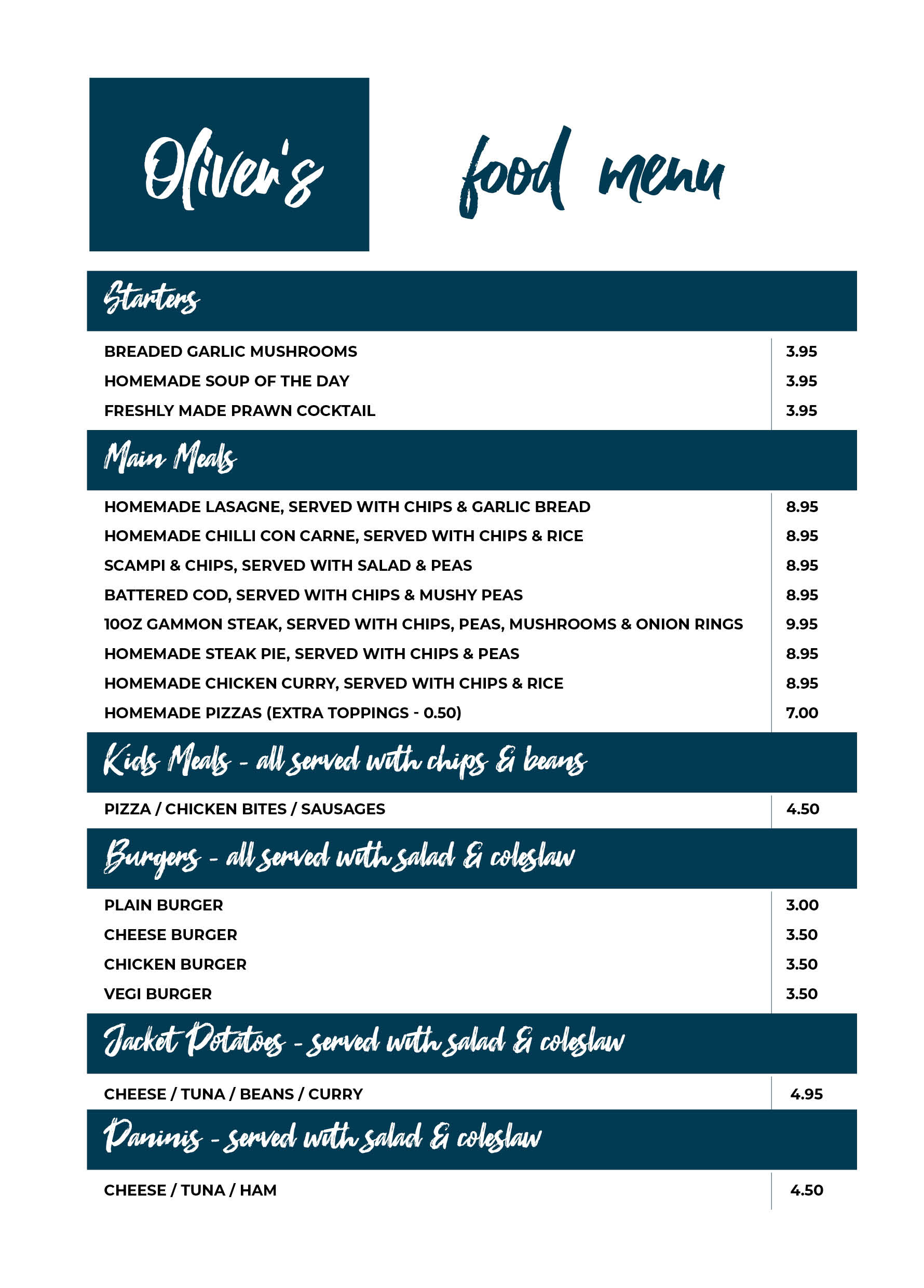 Food Menu Rendezvous Caravan Park